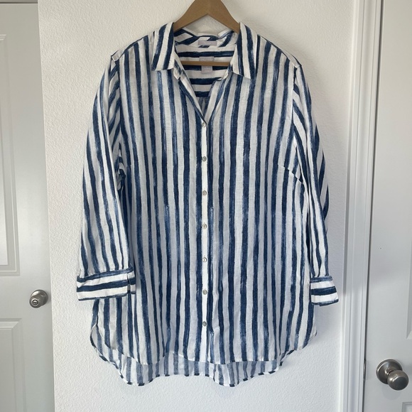 Chico's Tops - Chicos Linen Shirt sz 3 US 16 White Navy Striped No Iron Button Up Coastal Chic